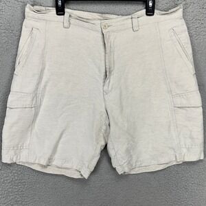 Cubavera Mens Linen Blend Shorts 38 Cream Flat Front Cargo Pocket Comfort Casual